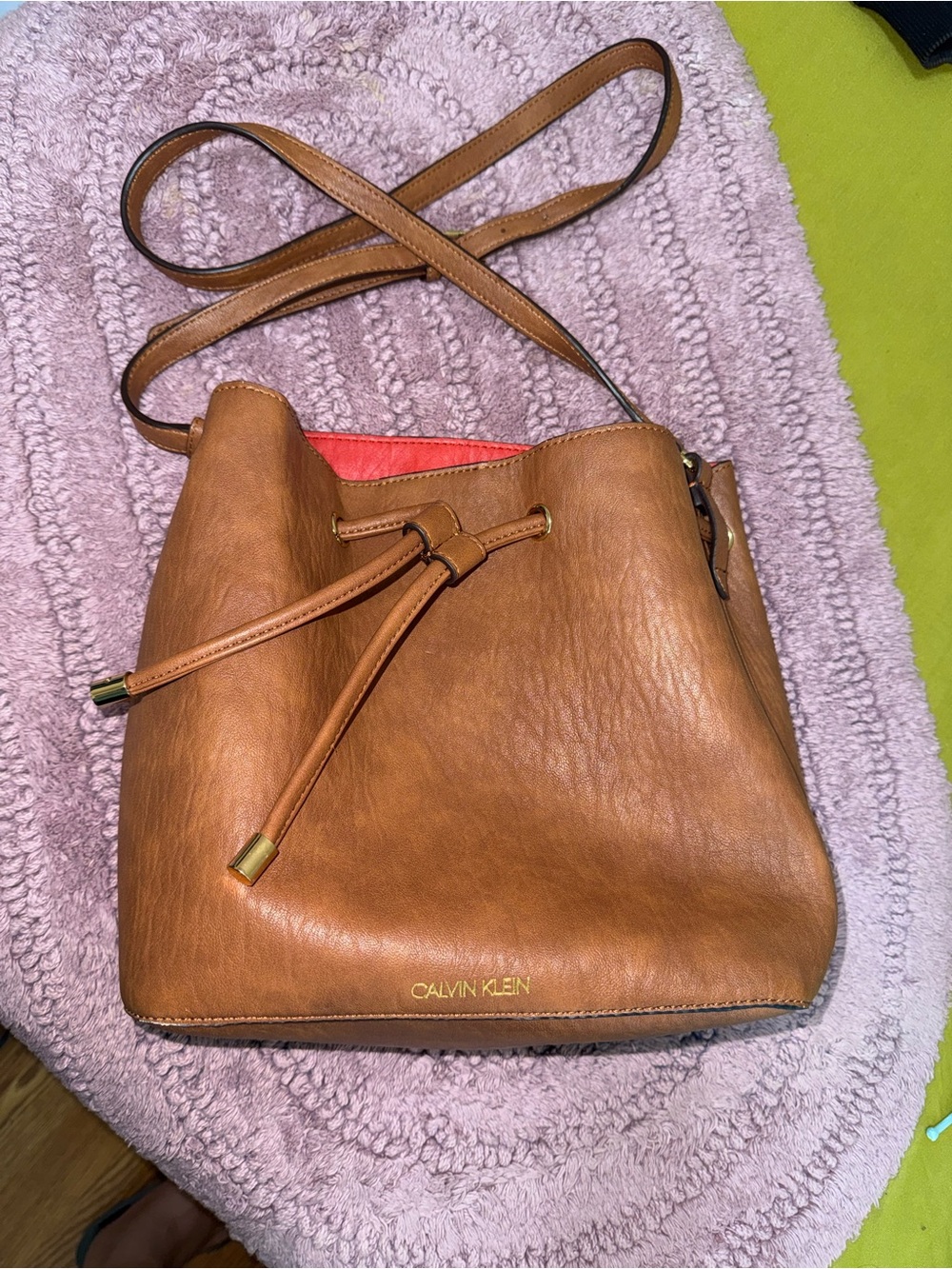 Calvin Klein Brown Leather Drawstring Crossbody with Coral Lining